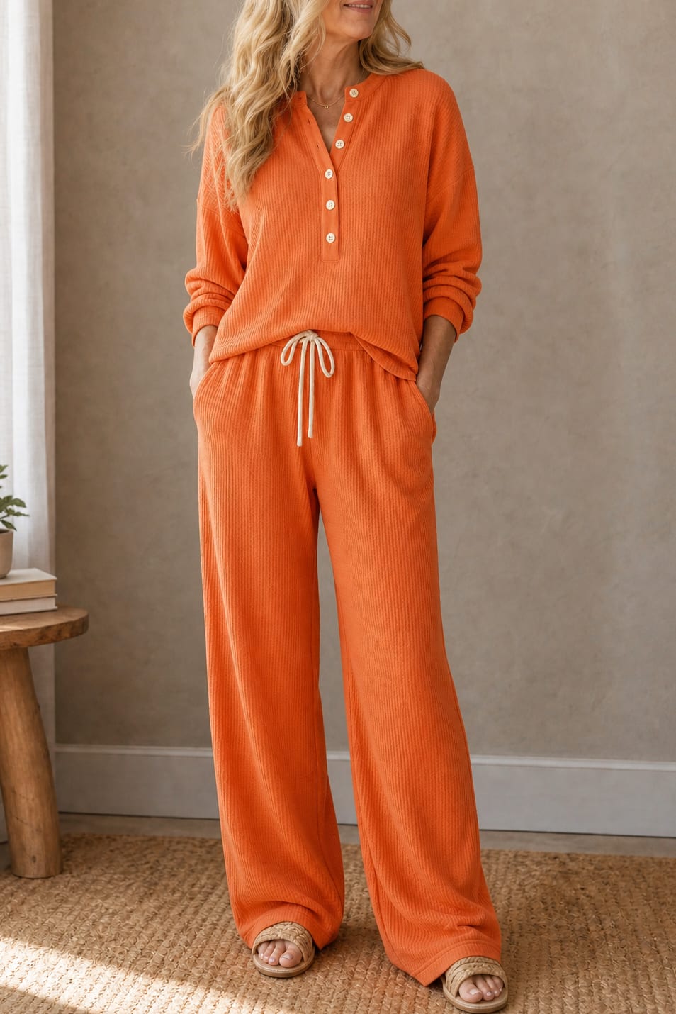 Women's Waffle Knit Henley Lounge Set | Joy_11