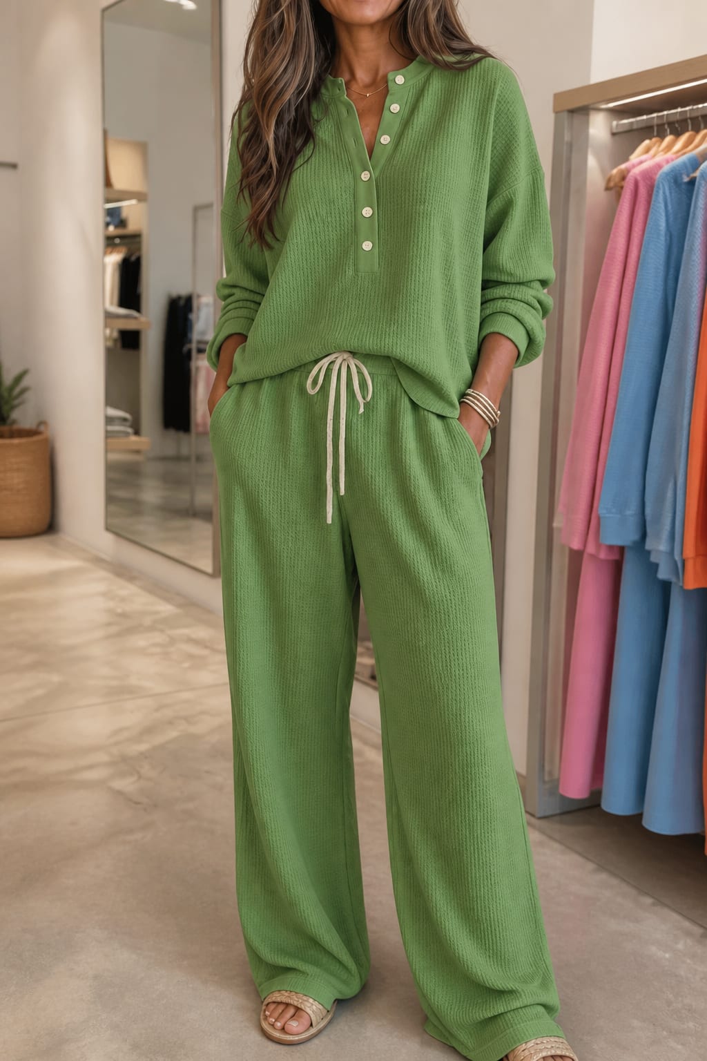Women's Waffle Knit Henley Lounge Set | Joy_12