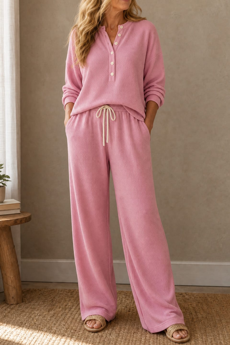 Women's Waffle Knit Henley Lounge Set | Joy_13