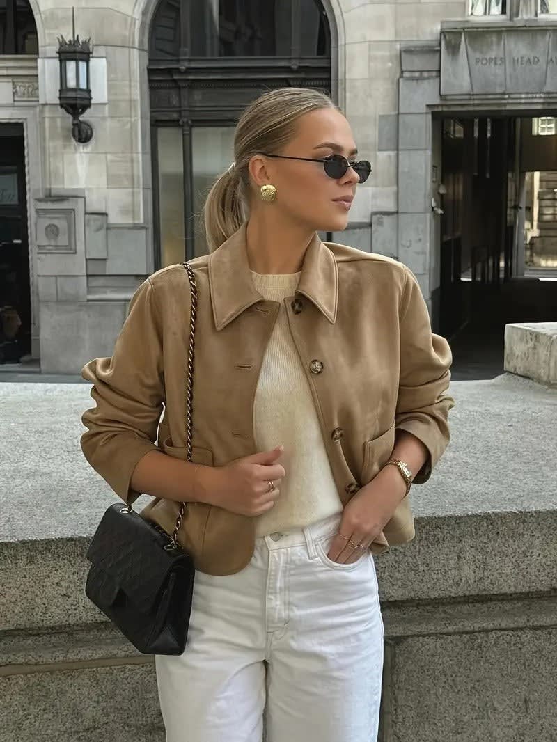 Women's Faux Suede Button Front Jacket | Llio_2