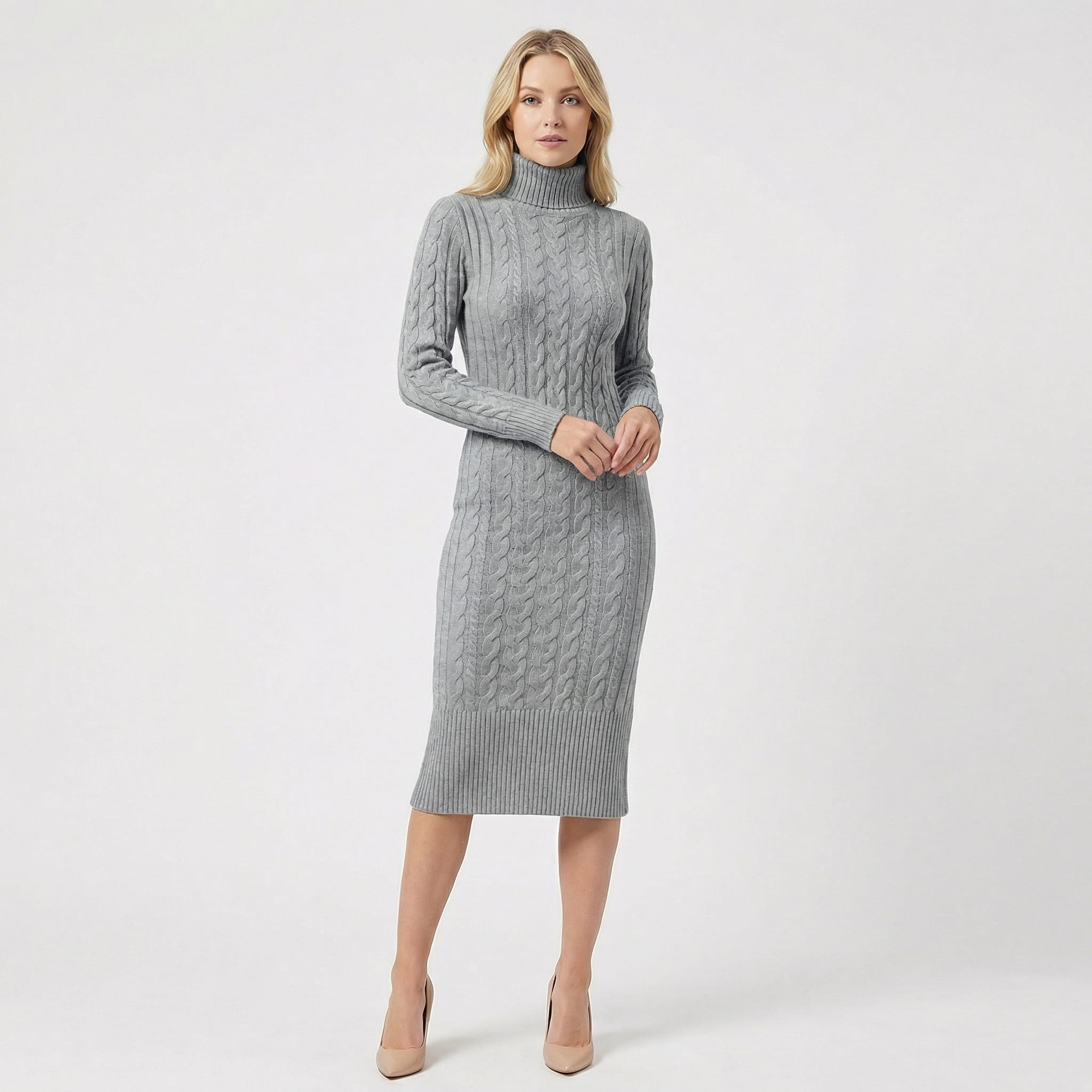 Women's Cable Knit Turtleneck Dress | Undine_4