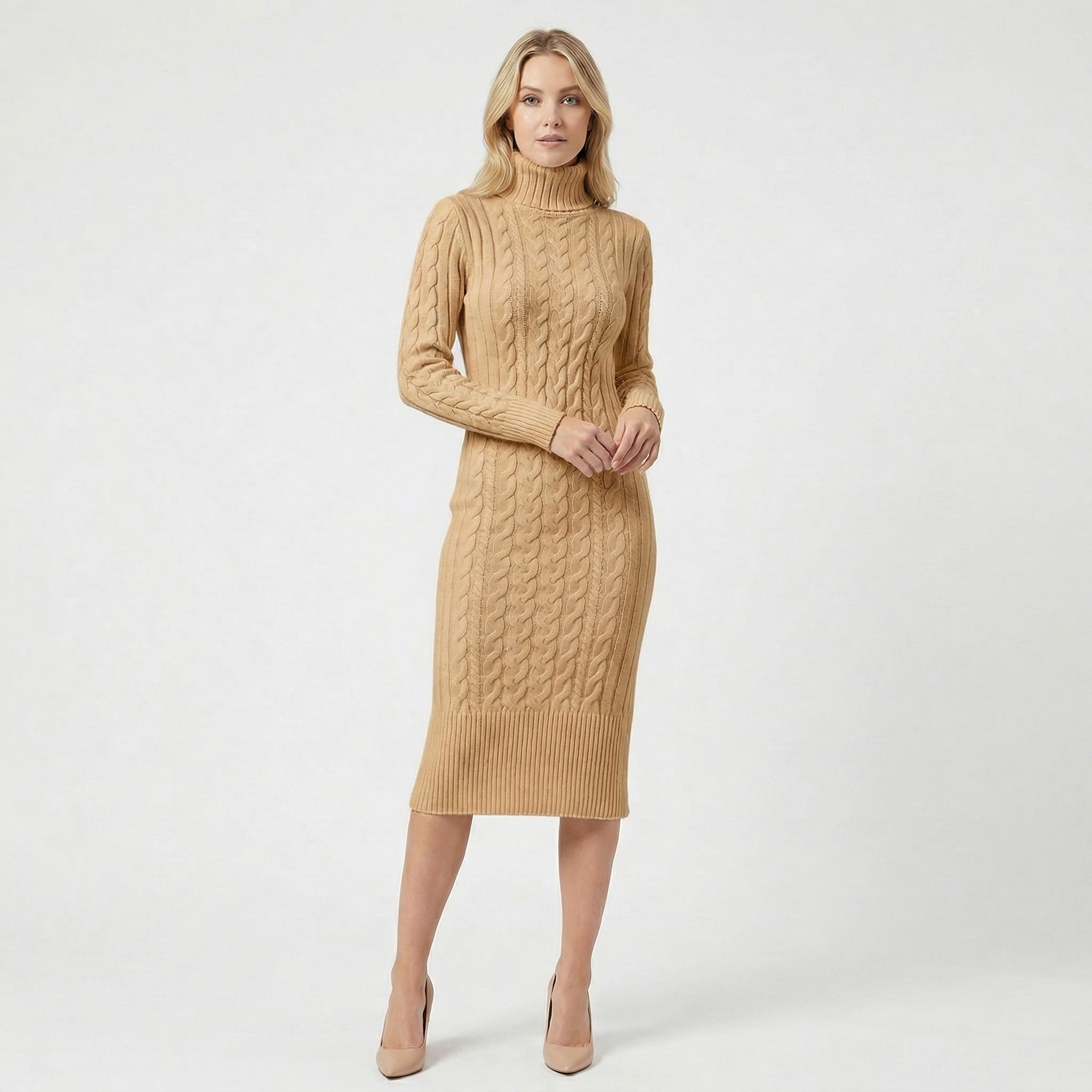 Women's Cable Knit Turtleneck Dress | Undine_8