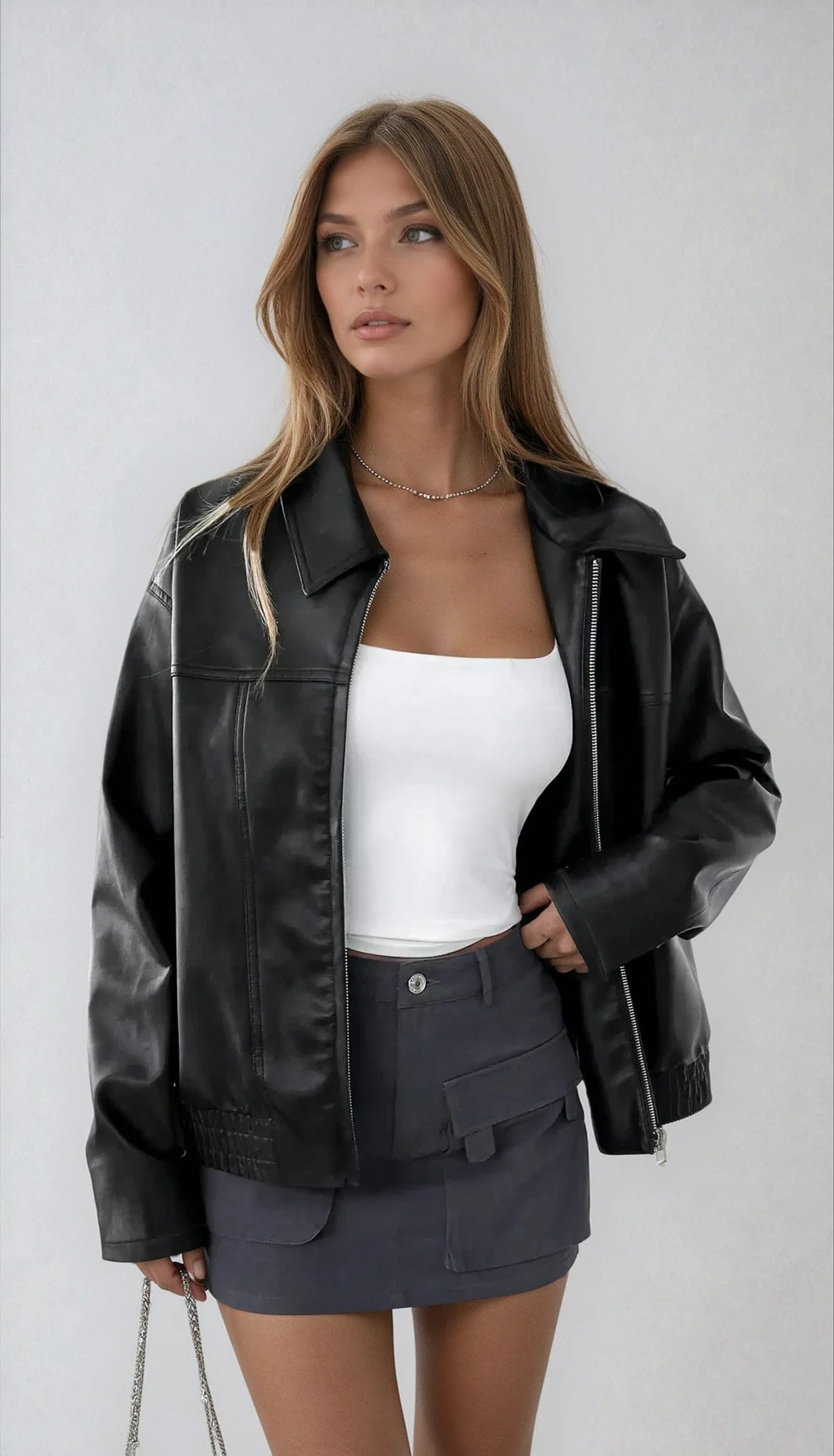 Women's Faux Leather Bomber Jacket | Hafwen_2