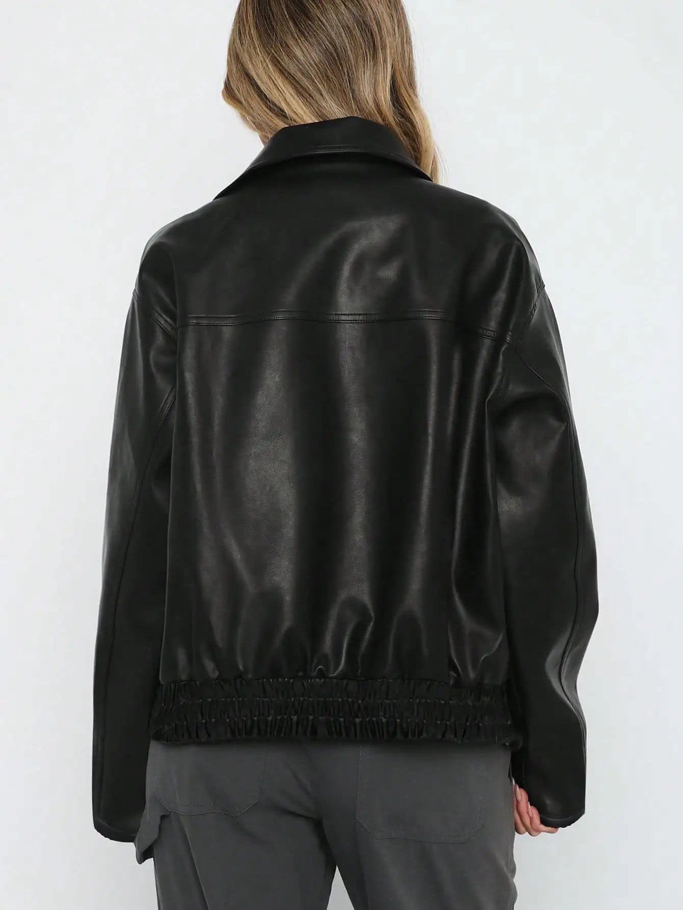 Women's Faux Leather Bomber Jacket | Hafwen_7