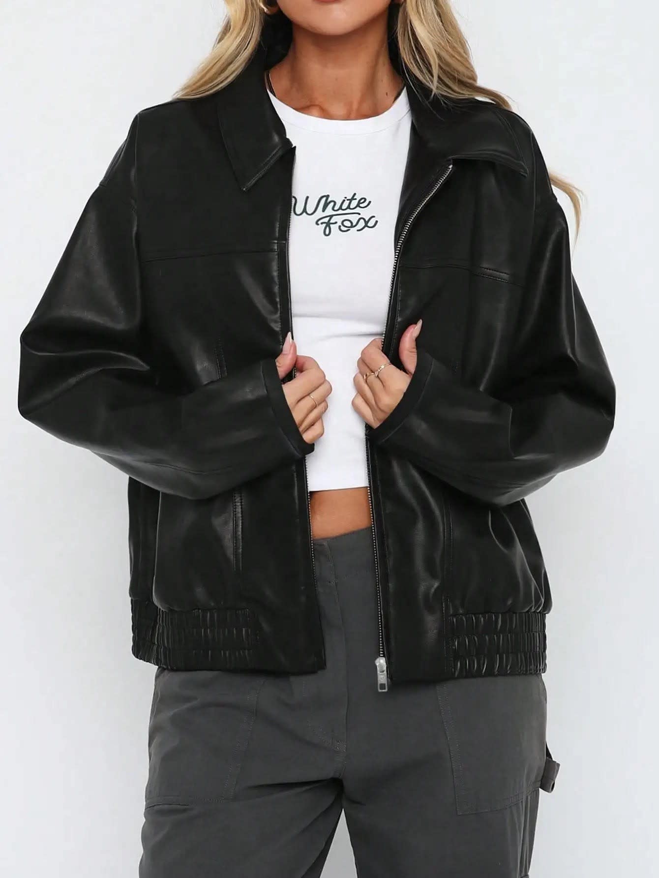 Women's Faux Leather Bomber Jacket | Hafwen_8