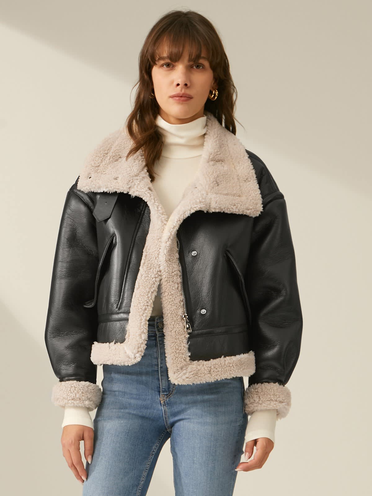 Women's Sherpa Lined Faux Leather Jacket | Mared_2