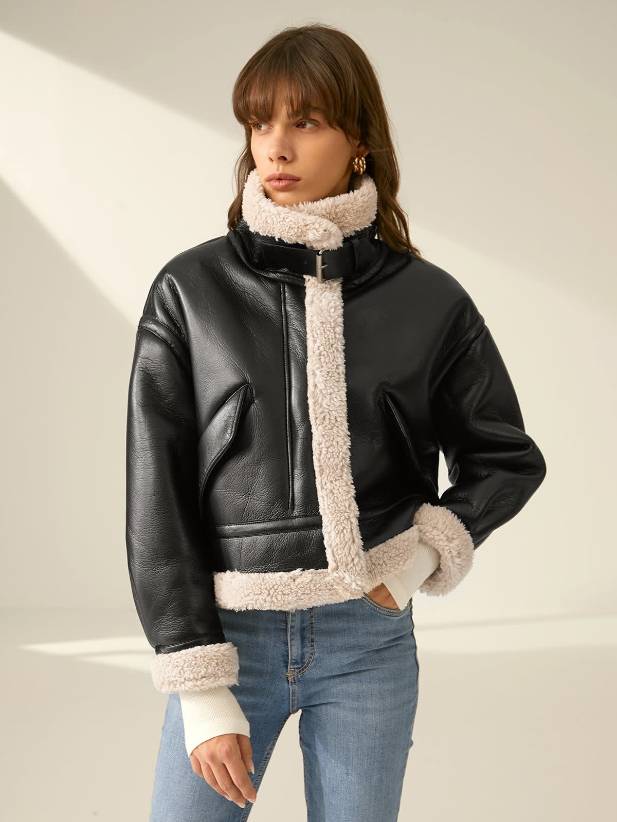 Women's Sherpa Lined Faux Leather Jacket | Mared_4