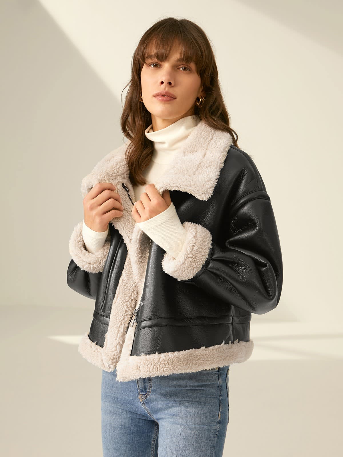 Women's Sherpa Lined Faux Leather Jacket | Mared_5
