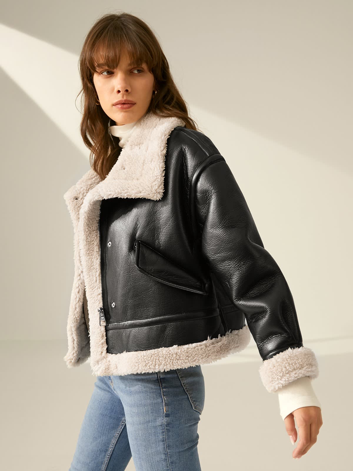Women's Sherpa Lined Faux Leather Jacket | Mared_6
