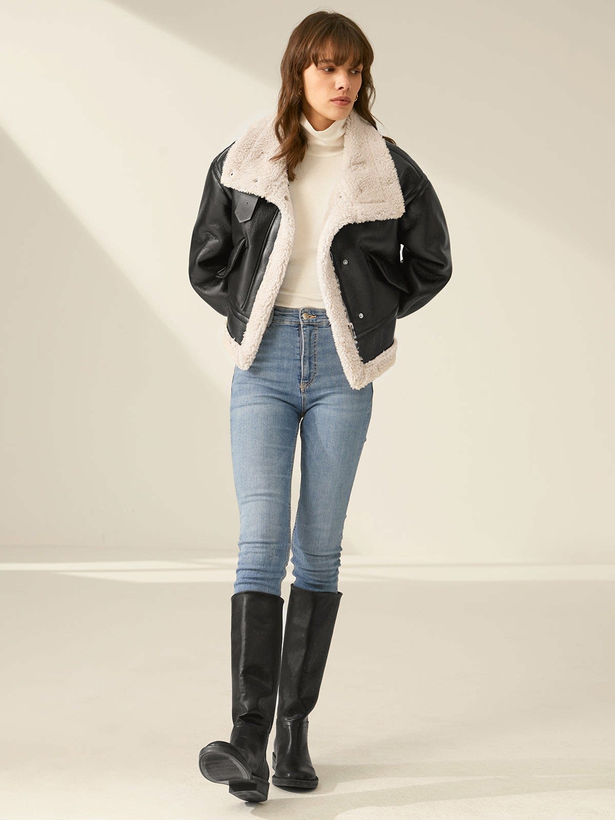 Women's Sherpa Lined Faux Leather Jacket | Mared_7