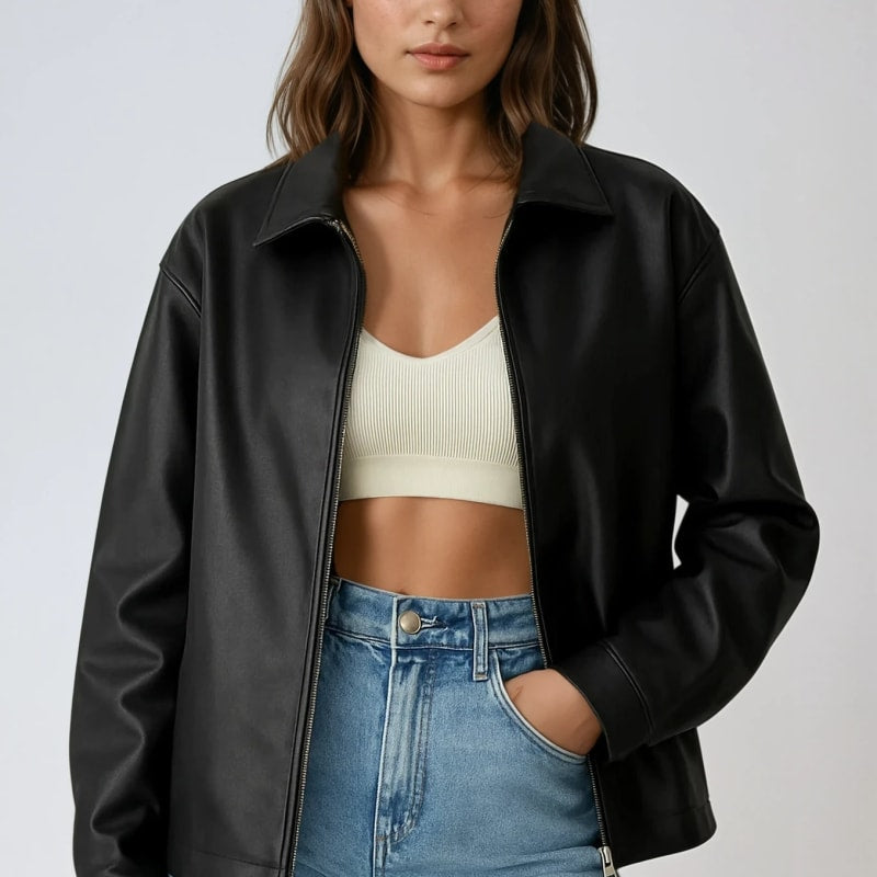 Women's Faux Leather Zip Up Jacket | Cadi_1