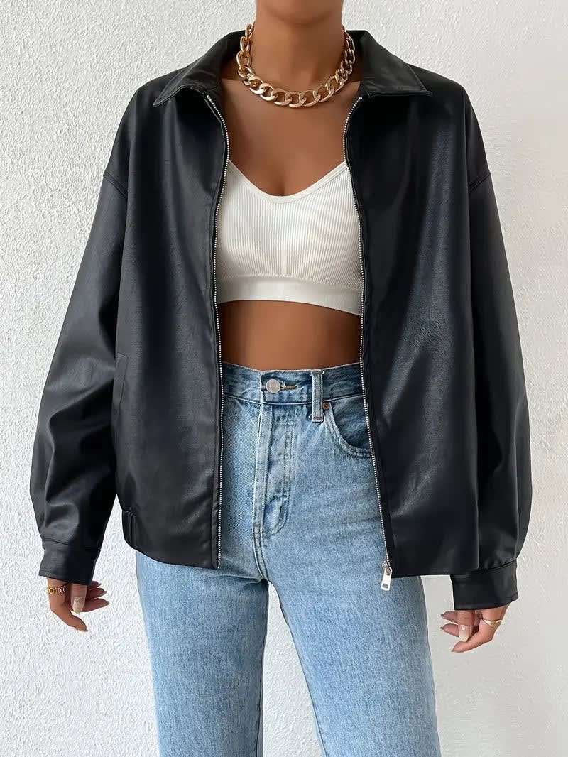Women's Faux Leather Zip Up Jacket | Cadi_2