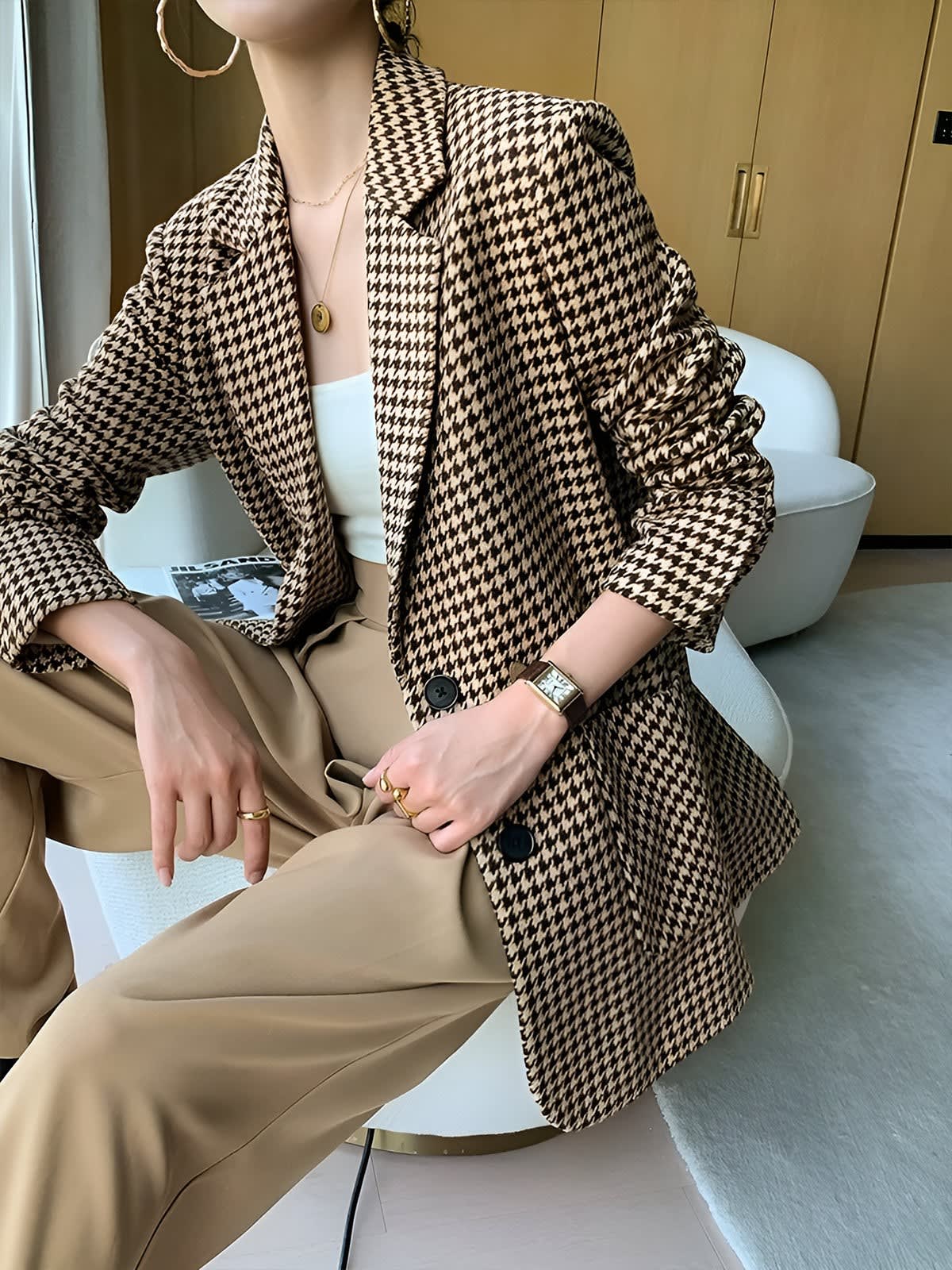 Women's Houndstooth Belted Blazer | Rhian_5