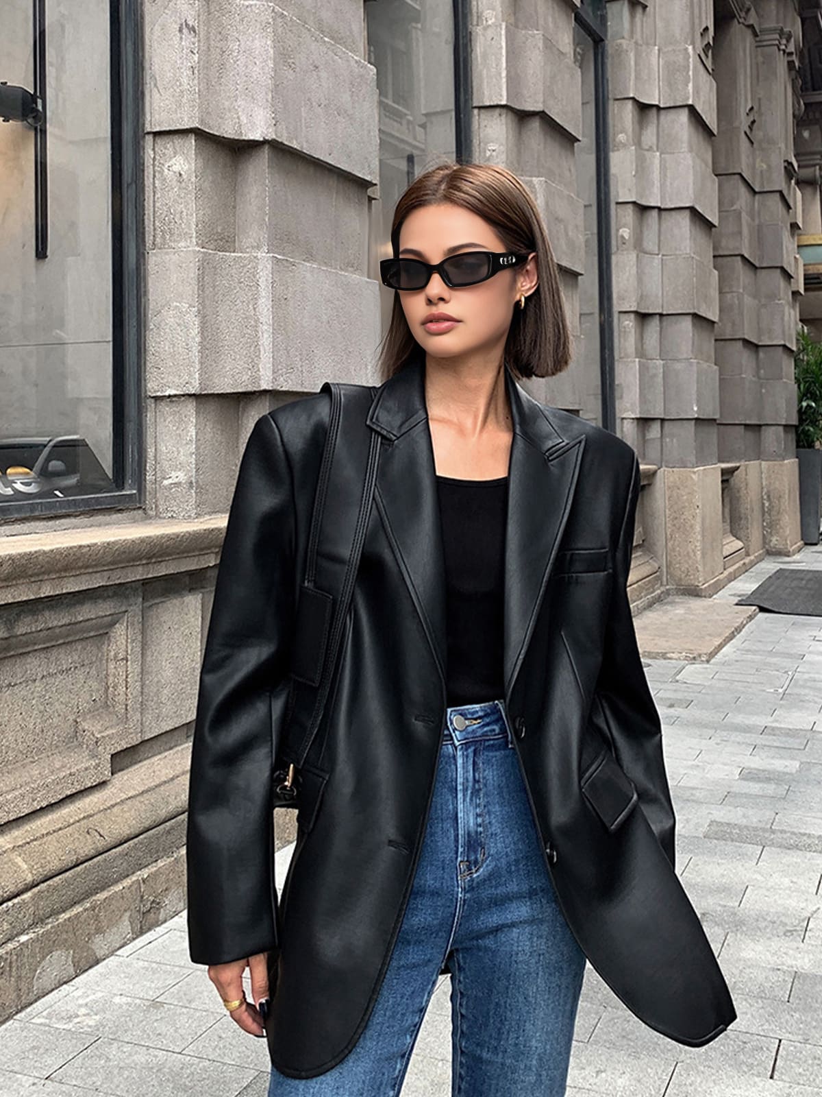 Women's Oversized Faux Leather Blazer | Mabli_7