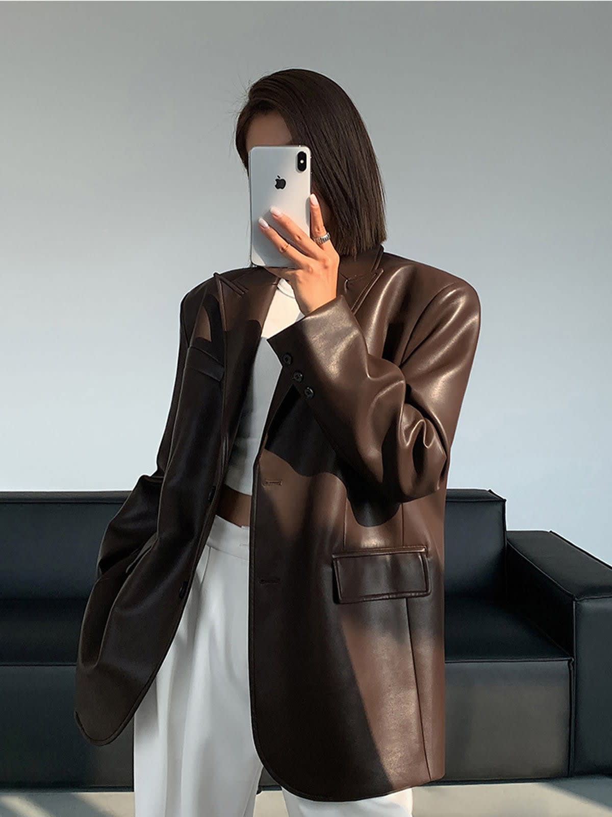 Women's Oversized Faux Leather Blazer | Mabli_8