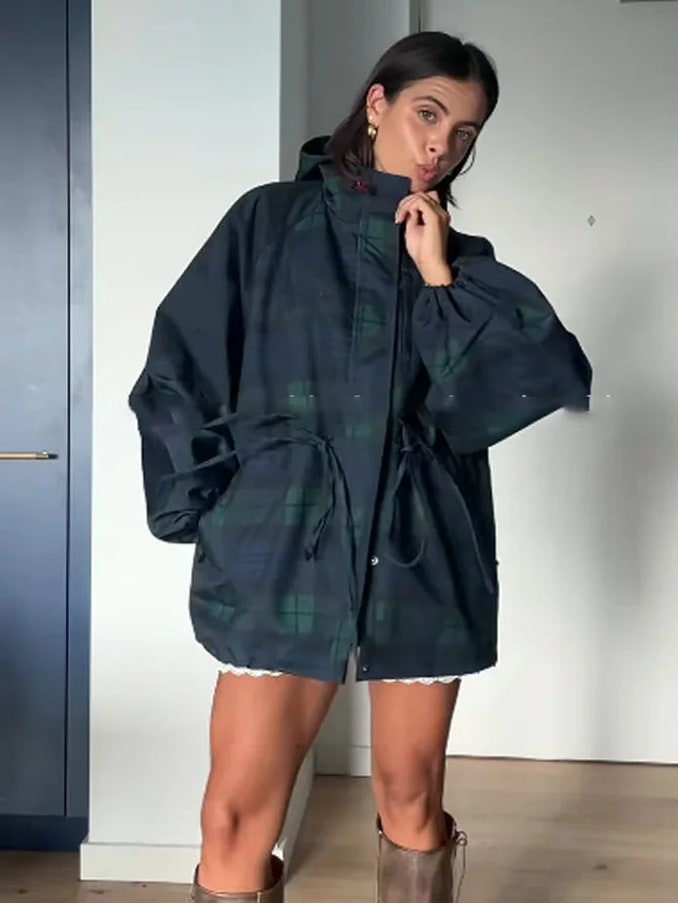 Women's Oversized Checked Hooded Jacket | Betrys_2