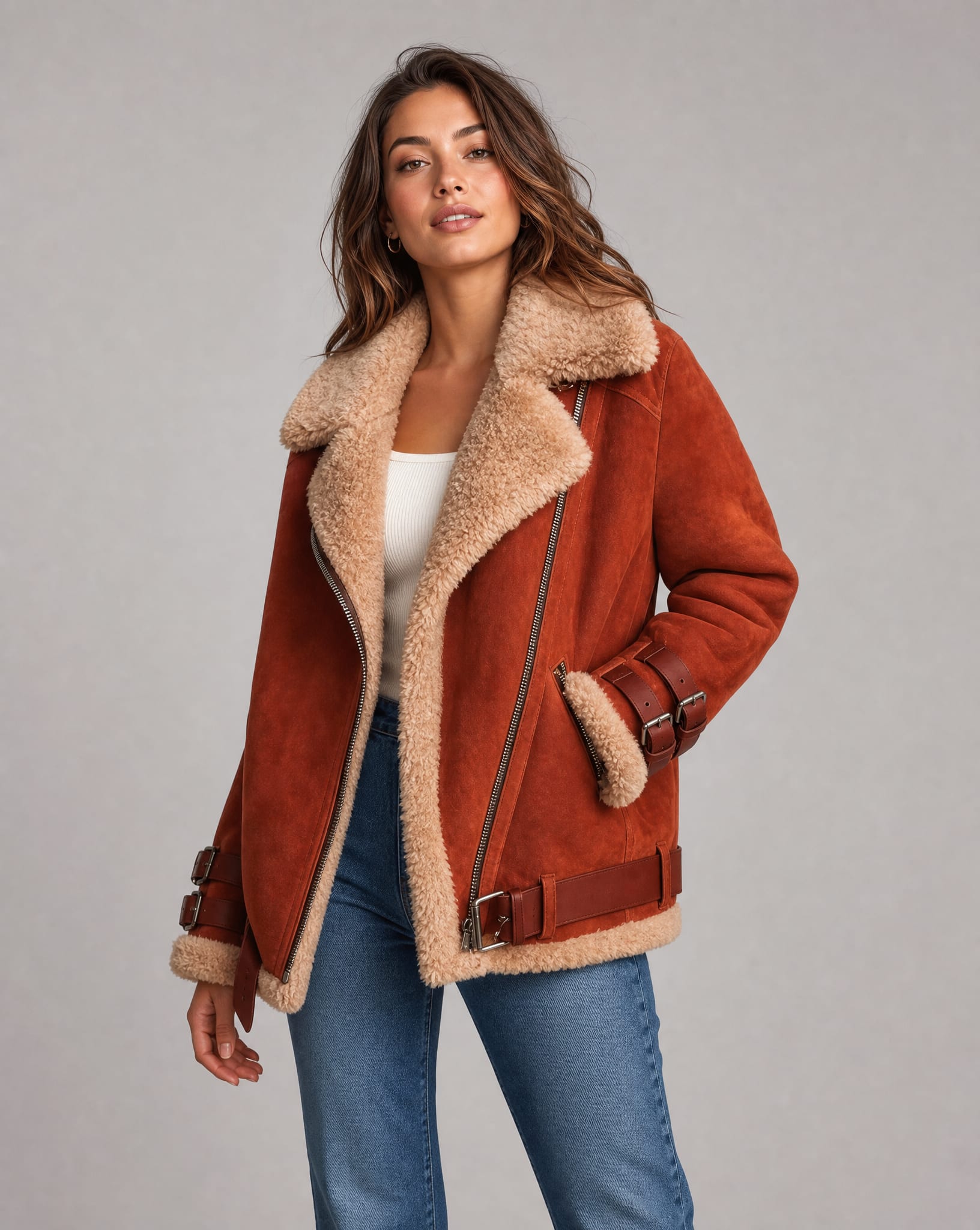 Women's Faux Shearling Aviator Jacket | Iola_3