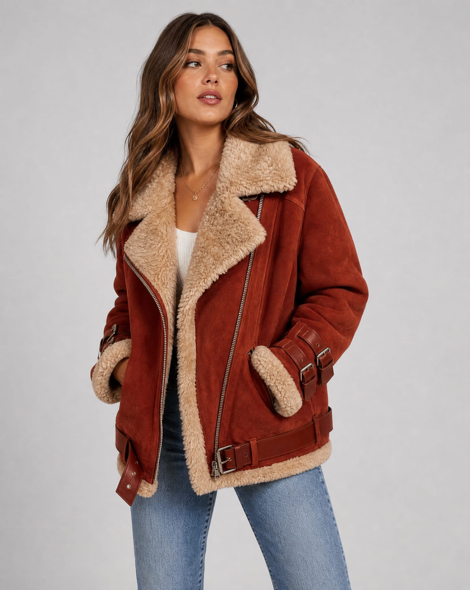 Women's Faux Shearling Aviator Jacket | Iola_4