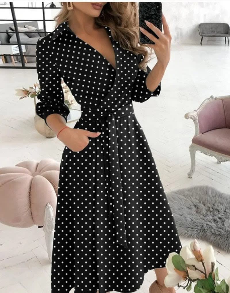Women's Belted Wrap Midi Polka Dot Dress | Josephine_10